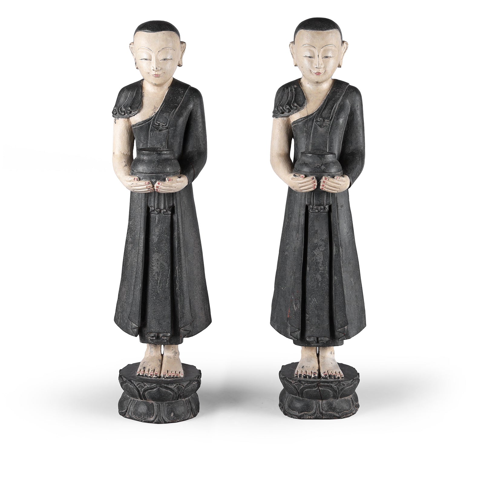 Pair Of Vintage Carved Burmese Monks - Ca 1970's