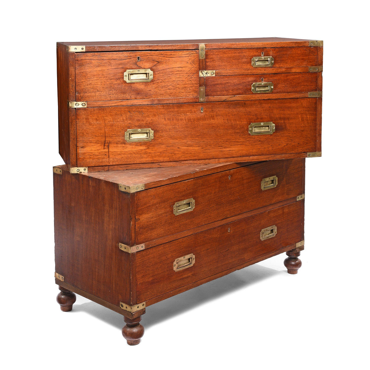 Anglo Indian Teak Campaign Chest Of Drawers - 19thC