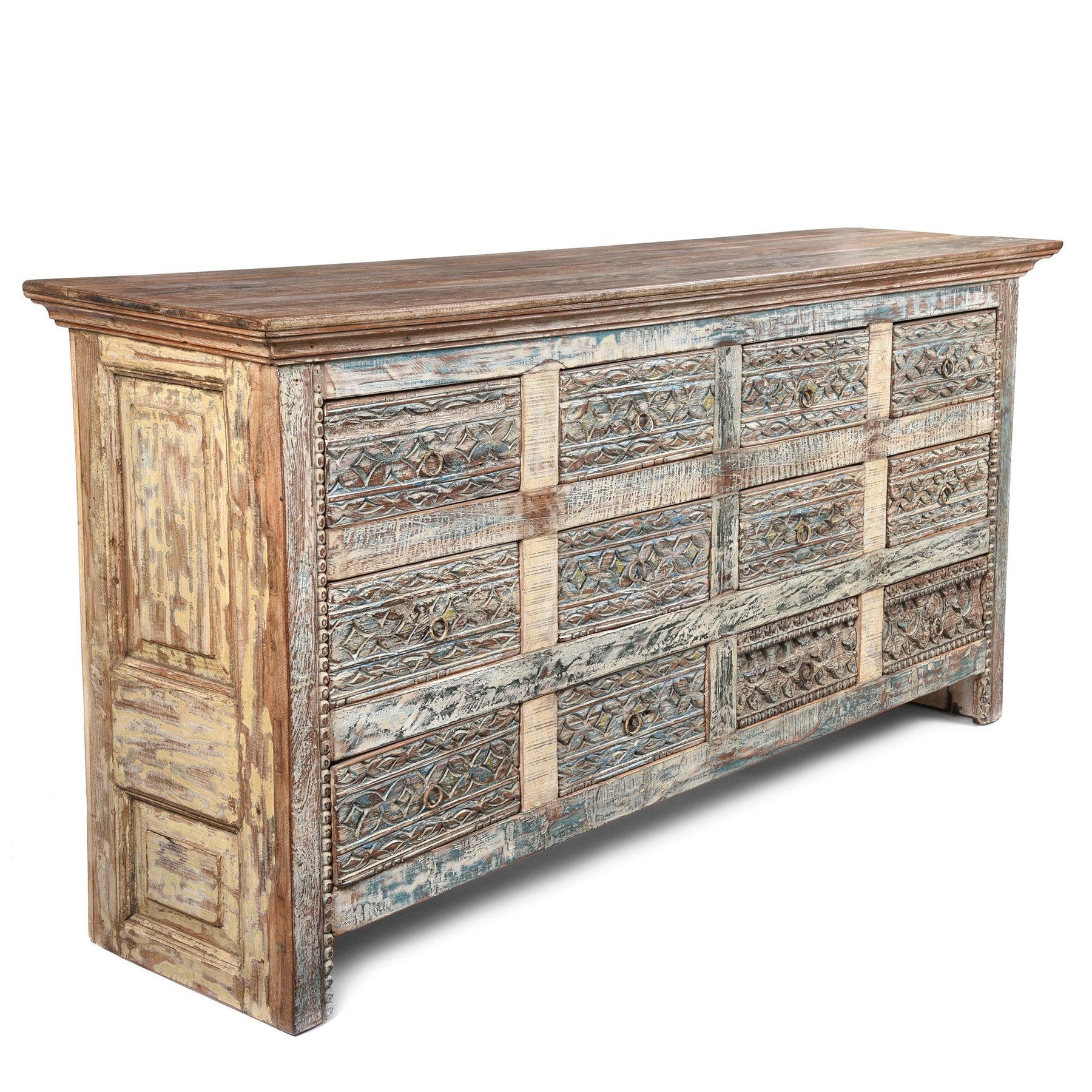 Carved Chest Of 12 Drawers Made From Reclaimed Teak