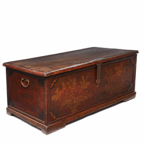 Teak Chest From South India With Original Floral Paint-19thC