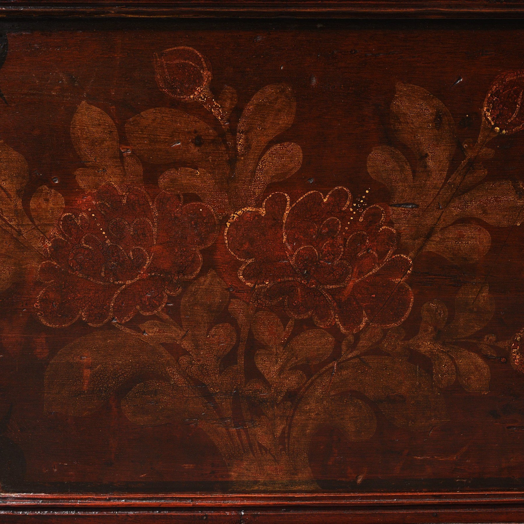 Teak Chest From South India With Original Floral Paint-19thC