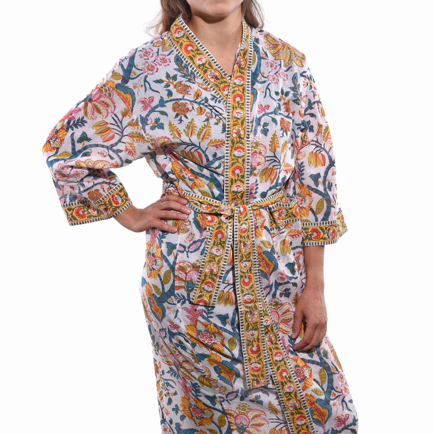 Bath Robe- Unisex - 100% Cotton - Gold Floral Design