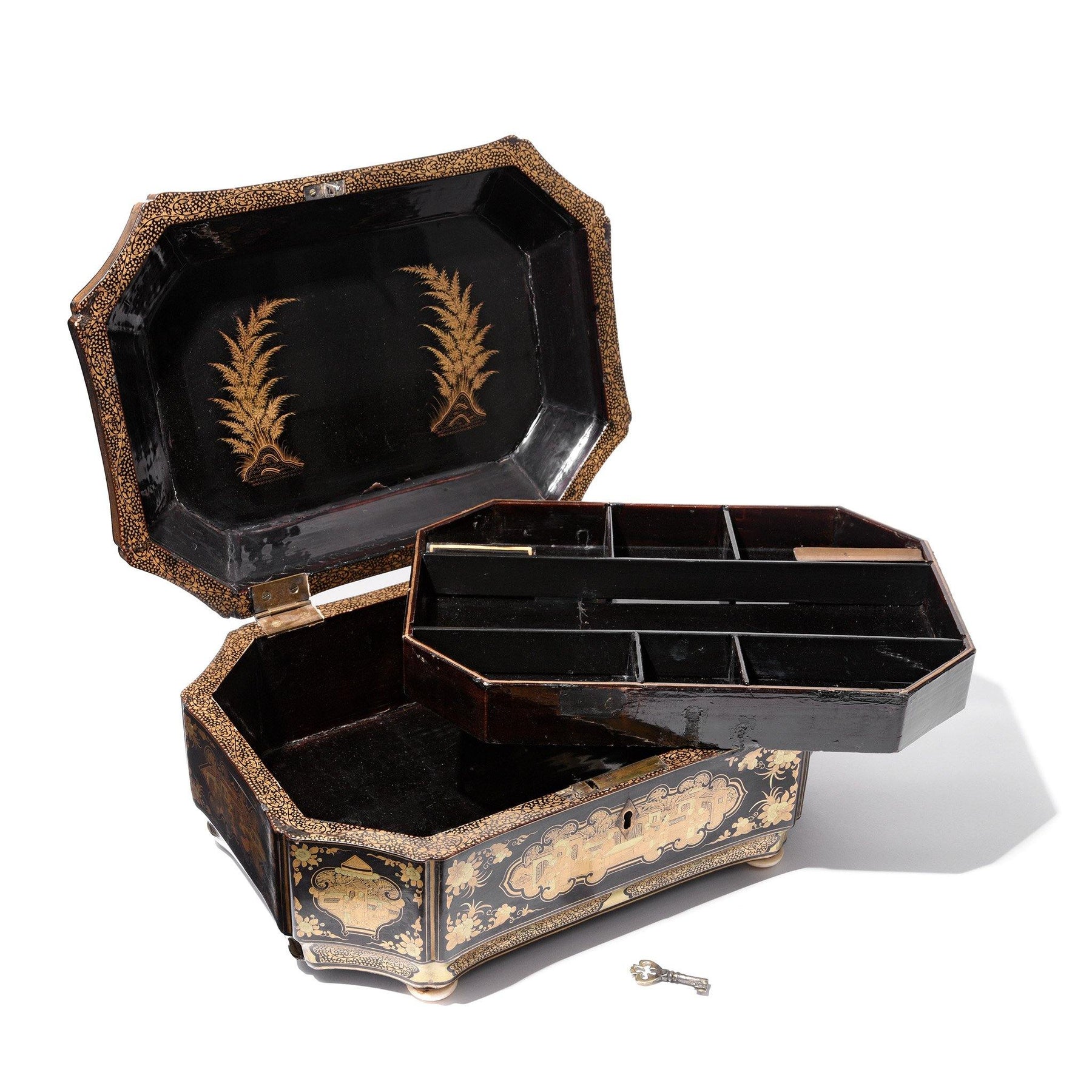 Gilt Black Lacquer Chinese Export Sewing Box - Early 19th Century