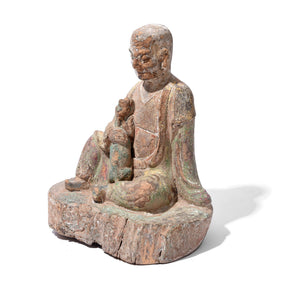 Chinese Polychrome Wood Figure of a Lohan (Monk) - 18thC