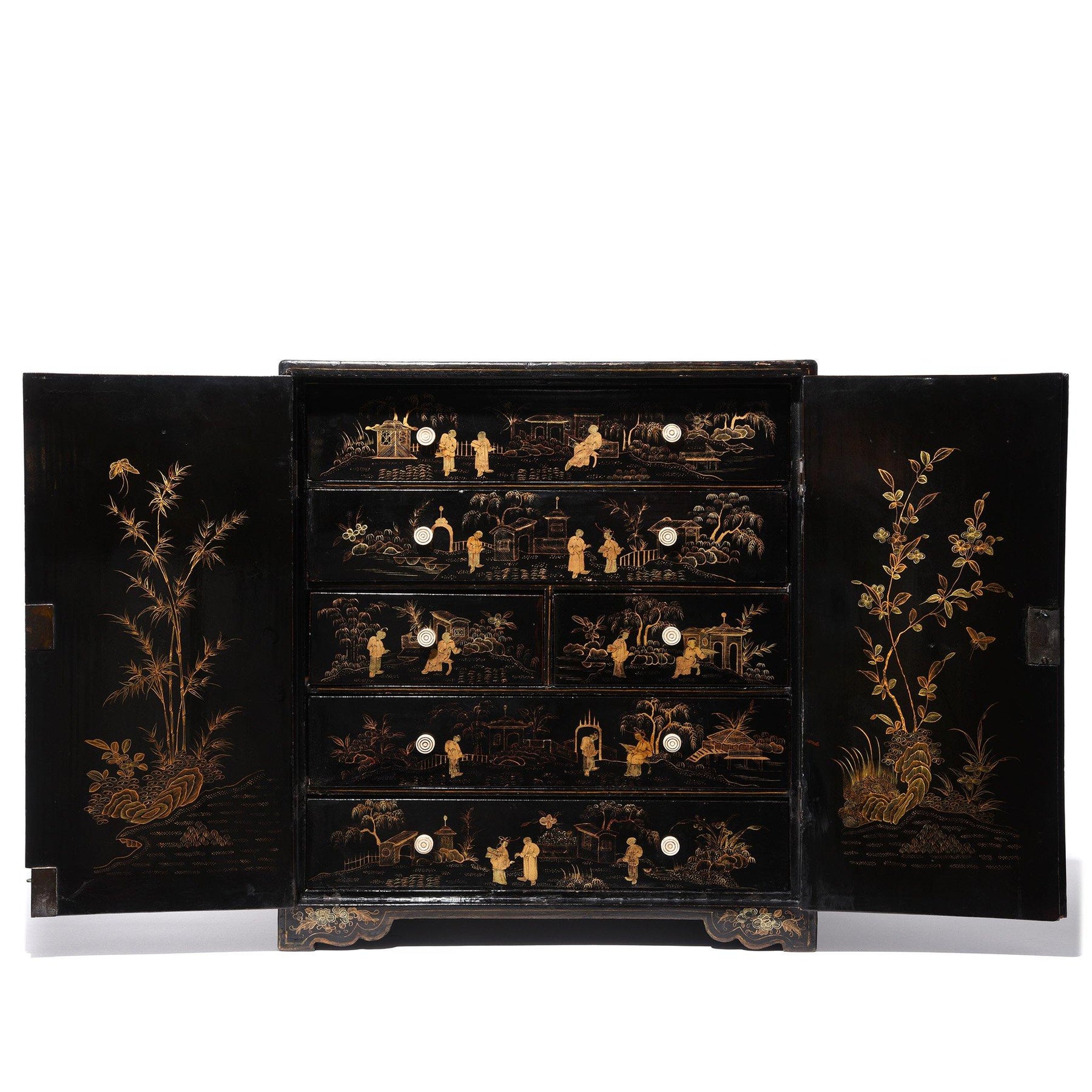 Gilt Black Lacquer Chinese Export Jewellery Cabinet - Early 19thC