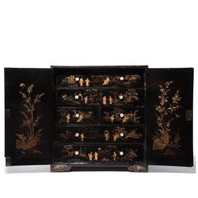 Gilt Black Lacquer Chinese Export Jewellery Cabinet - Early 19thC