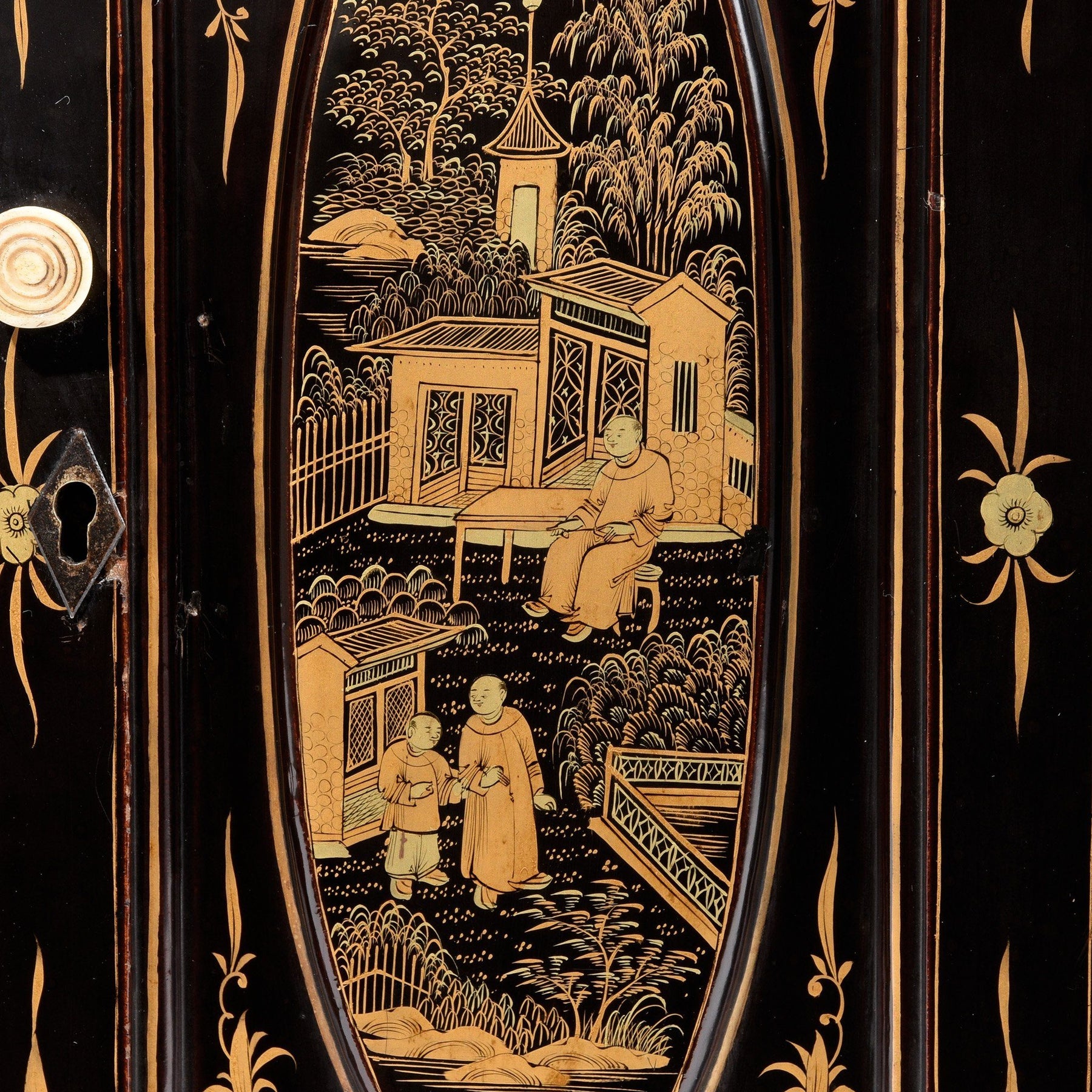 Gilt Chinese Black Lacquer Jewellery Cabinet - Early 19thC