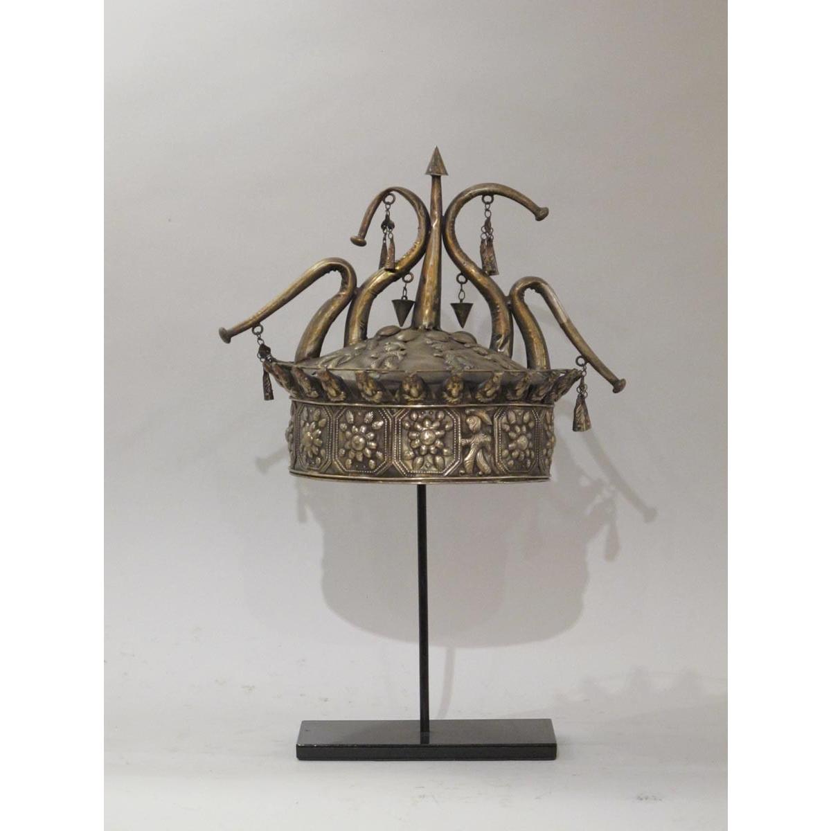 Miao Tribal Wedding Hat - White Metal on Black Iron Stand