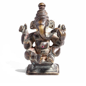 Brass Miniature Votive Statue Of Lord Ganesh - 19thC