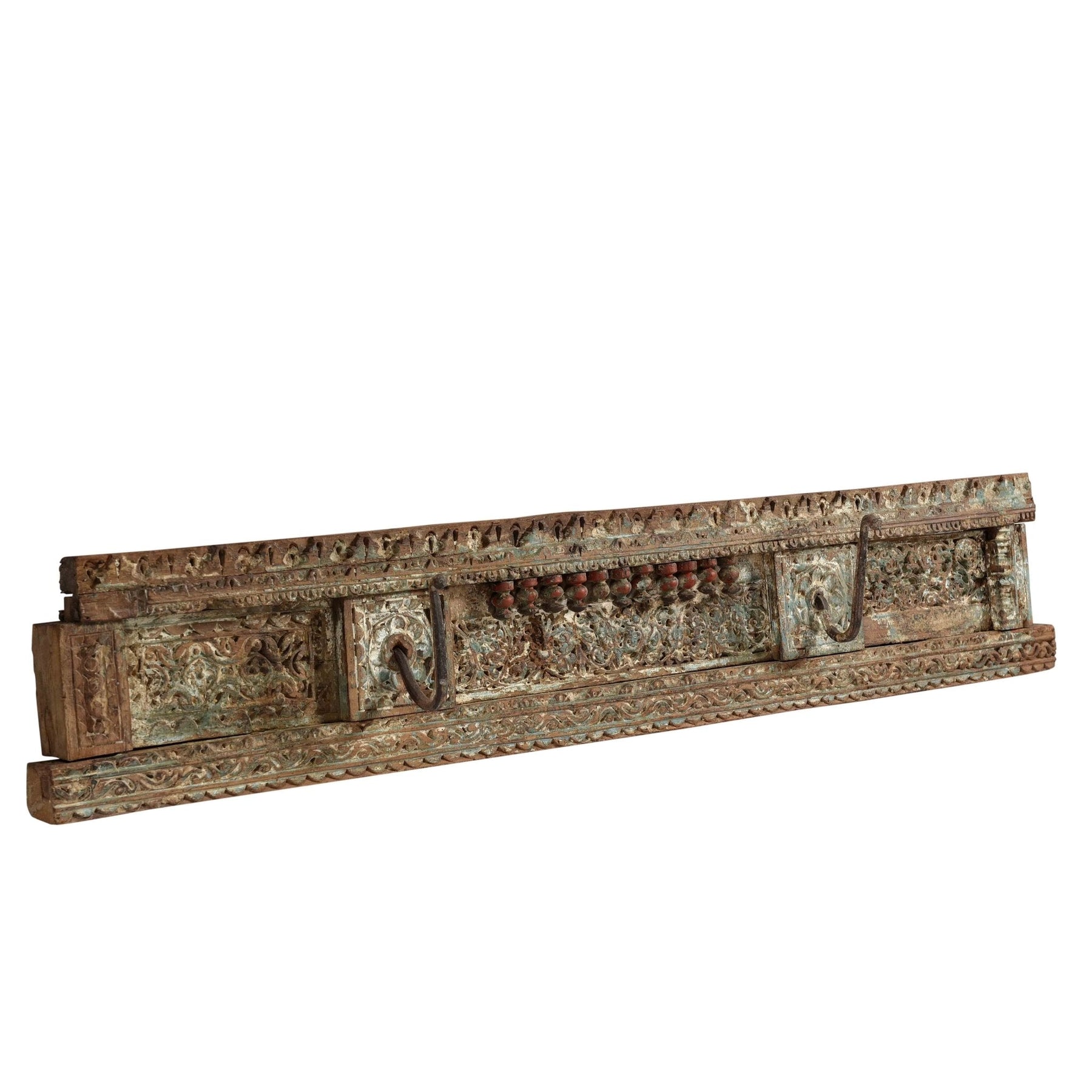 Carved Teakwood Coat Rail from Gujarat with Hooks - 19thC