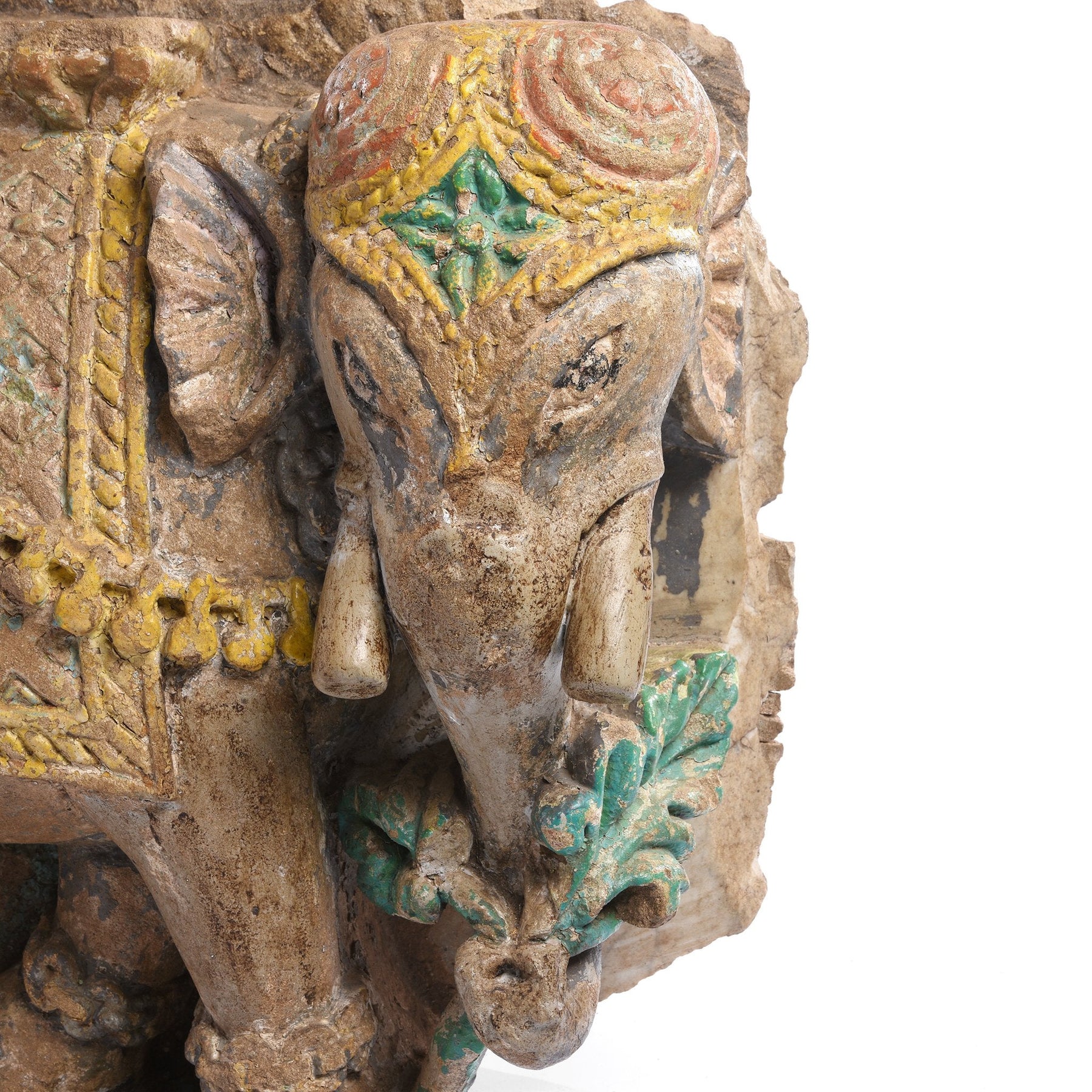 Old Painted Stone Elephant Statue From Gujarat - 19thC