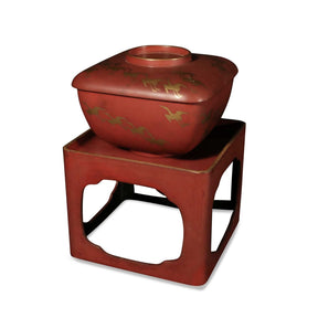 Red Lacquer Gilt Box With Crane Decoration On Stand - Ca 1930