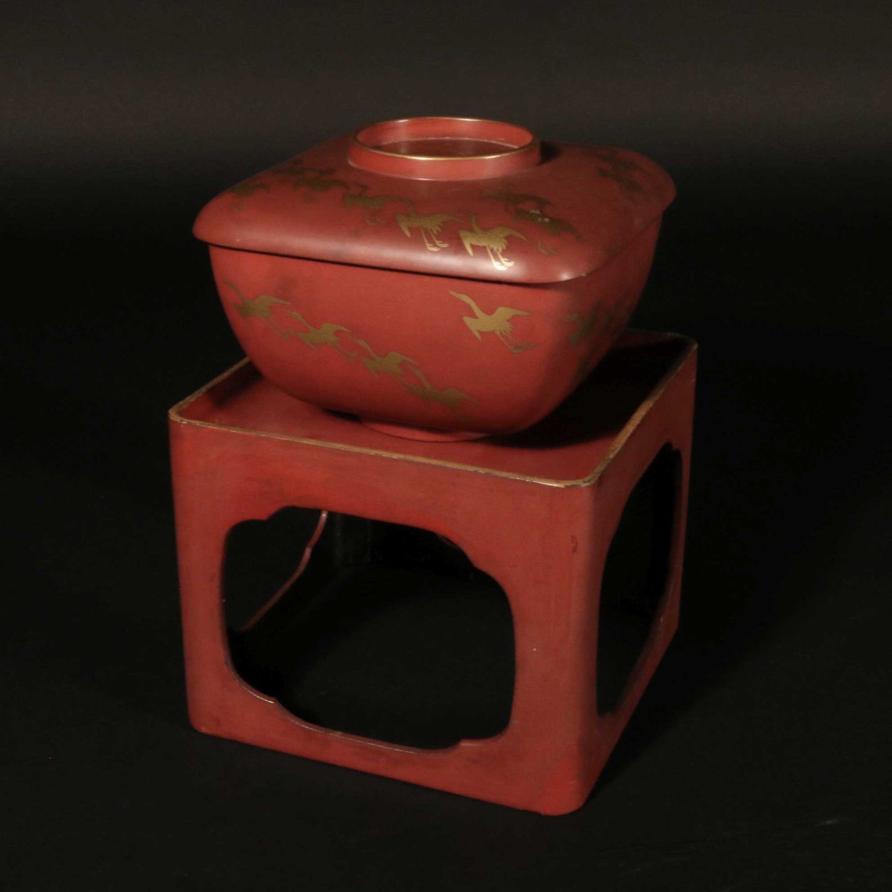 Red Lacquer Gilt Box With Crane Decoration On Stand - Ca 1930