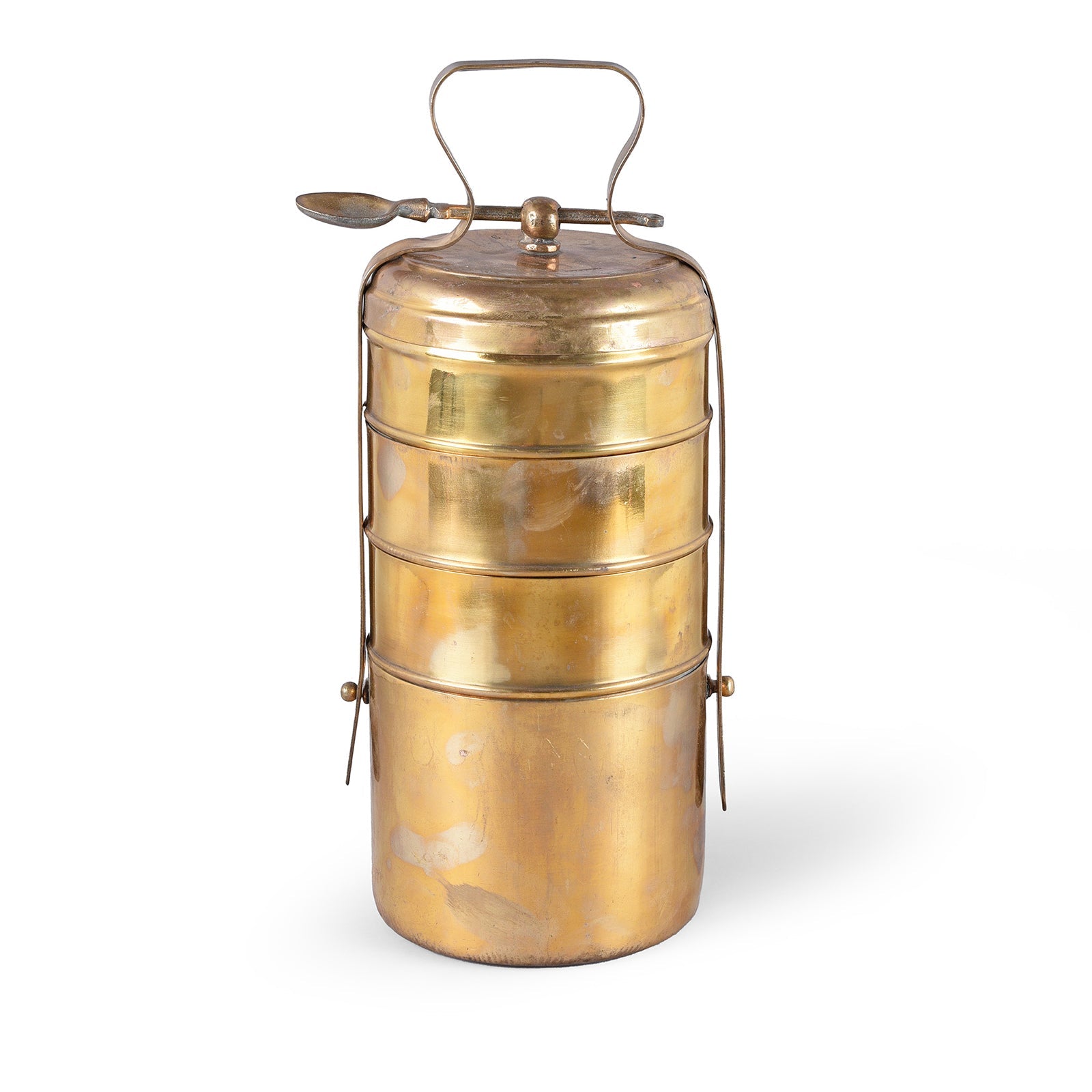 4 Tier Brass Tiffin Box With Spoon - Ca 1930