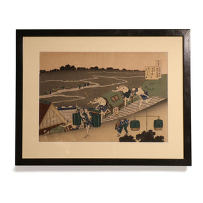 Framed Japanese Woodblock Print: "The Poem Of Fujiwara No Michinobu Ason" by Hokusai  - 19thC