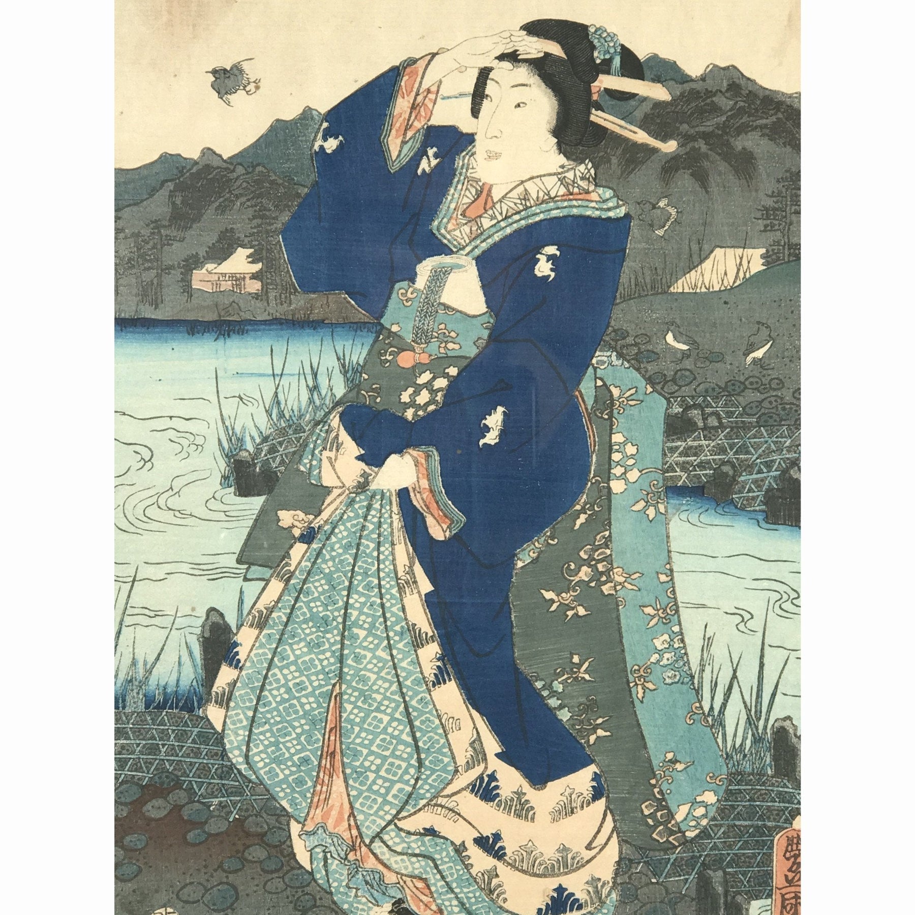 Framed Kunisada Woodblock Print - Meiji Period