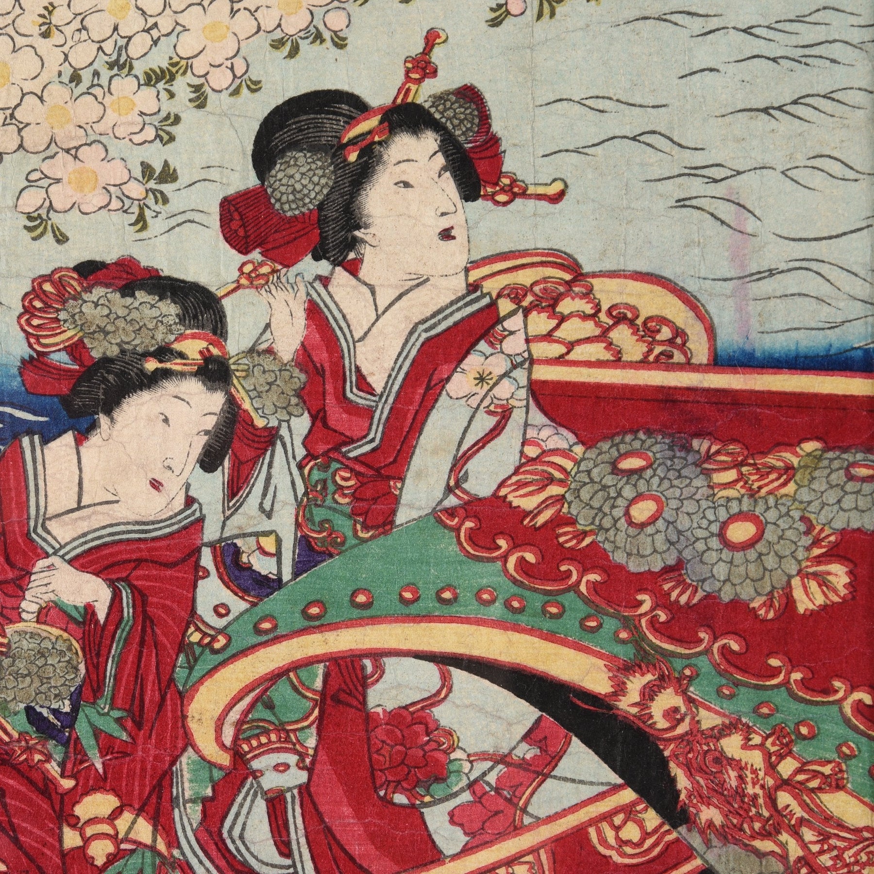 Framed Triptych Woodblock Print By Chikanobu - Ca 1890