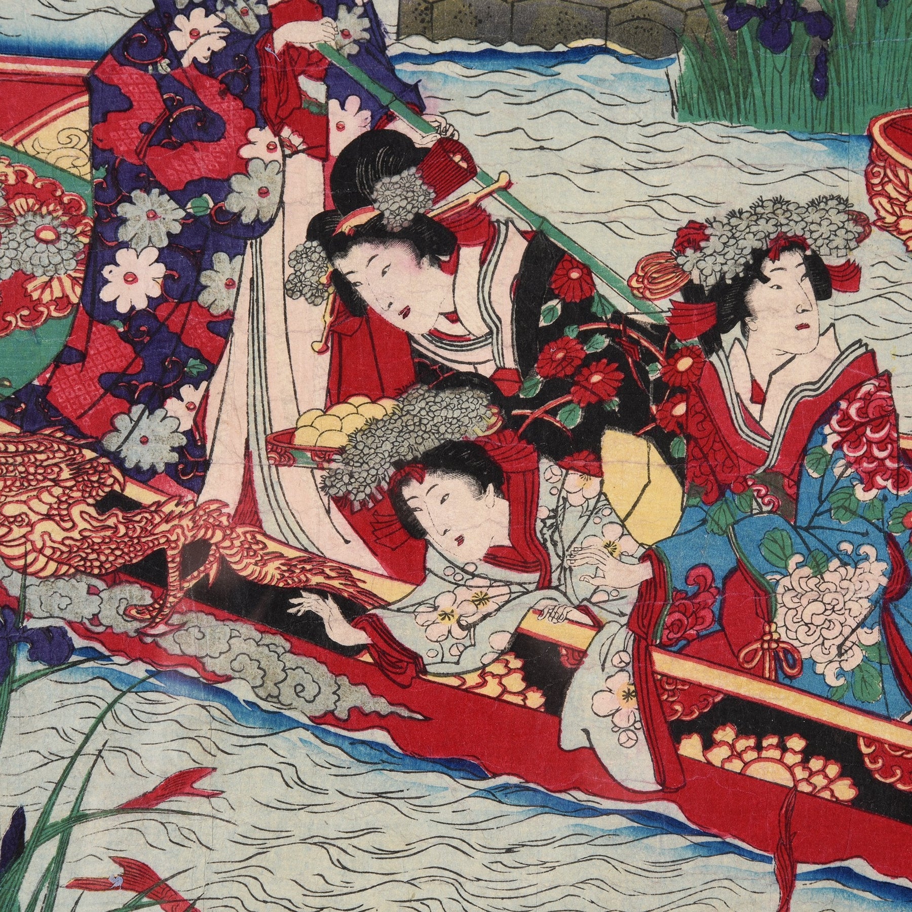 Framed Triptych Woodblock Print By Chikanobu - Ca 1890