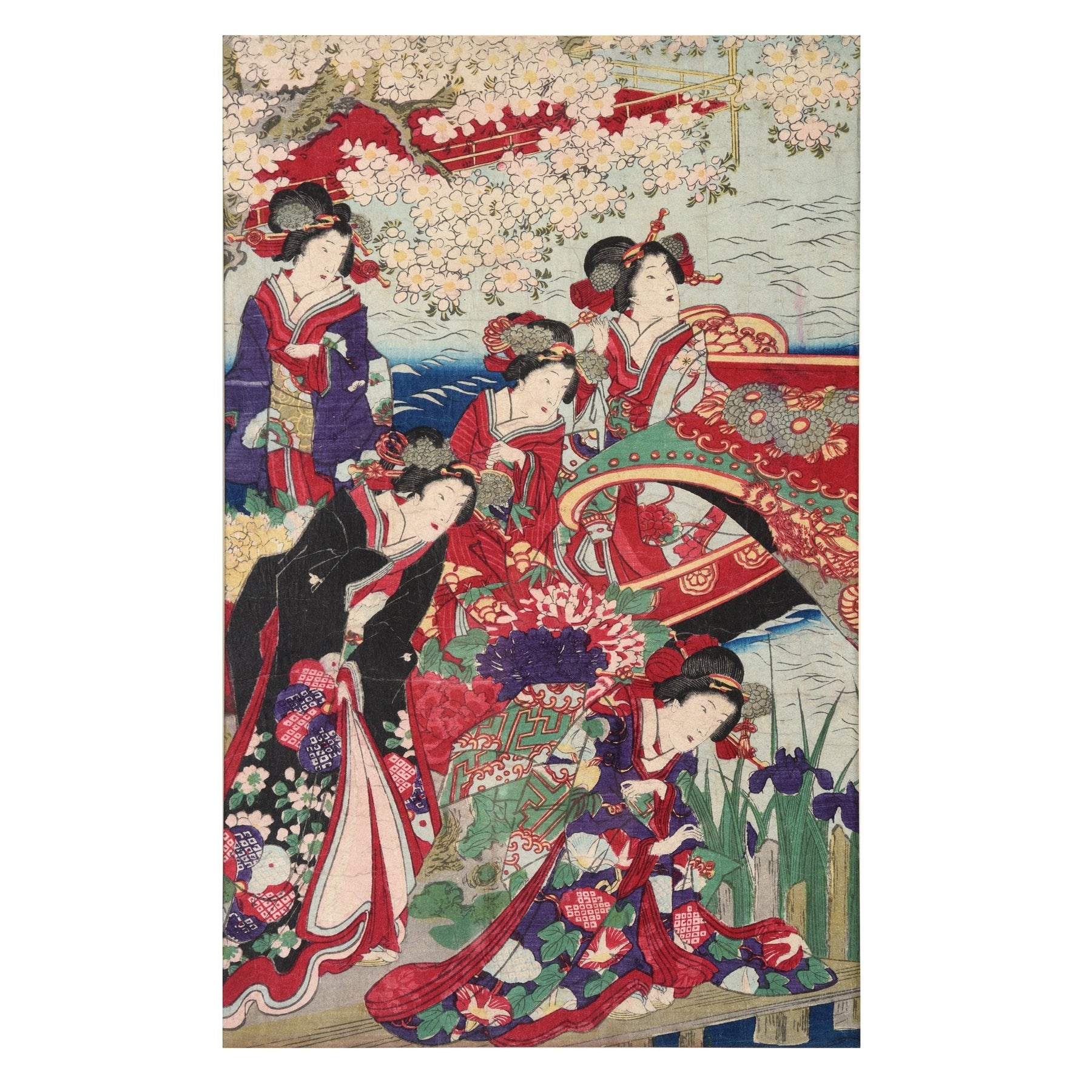 Framed Triptych Woodblock Print By Chikanobu - Ca 1890
