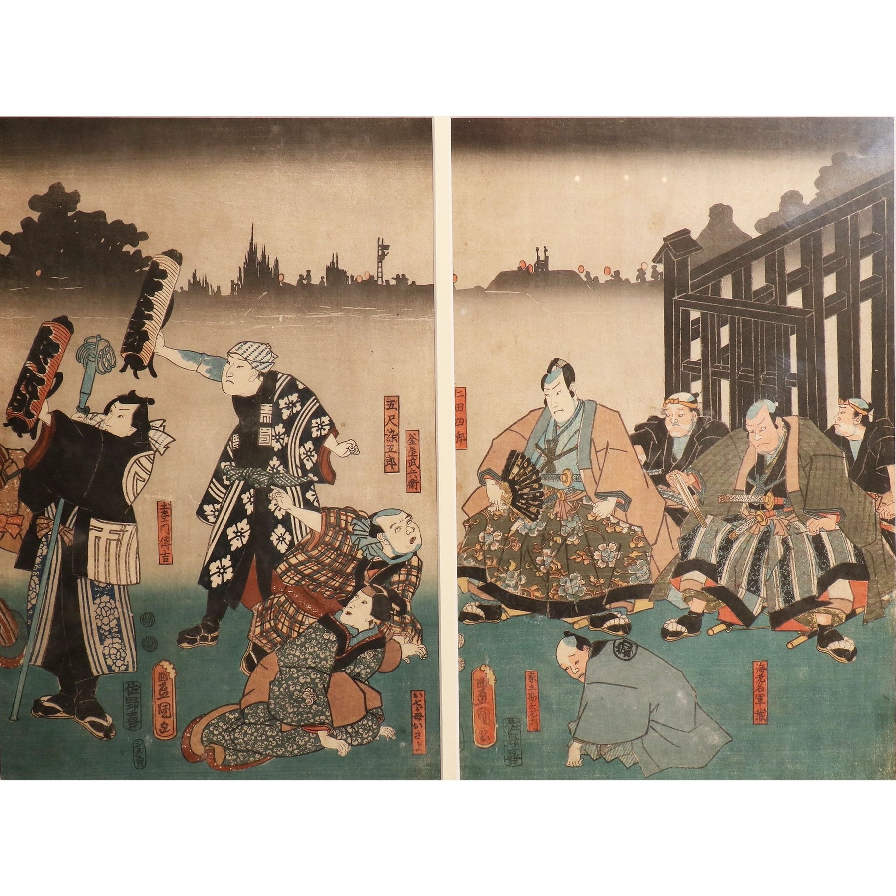 Framed Triptych Woodblock Print by Utagawa Kunisada - Ca 1851