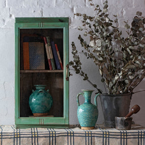 Green Painted Teak Glazed Wall Cabinet - Ca 1930
