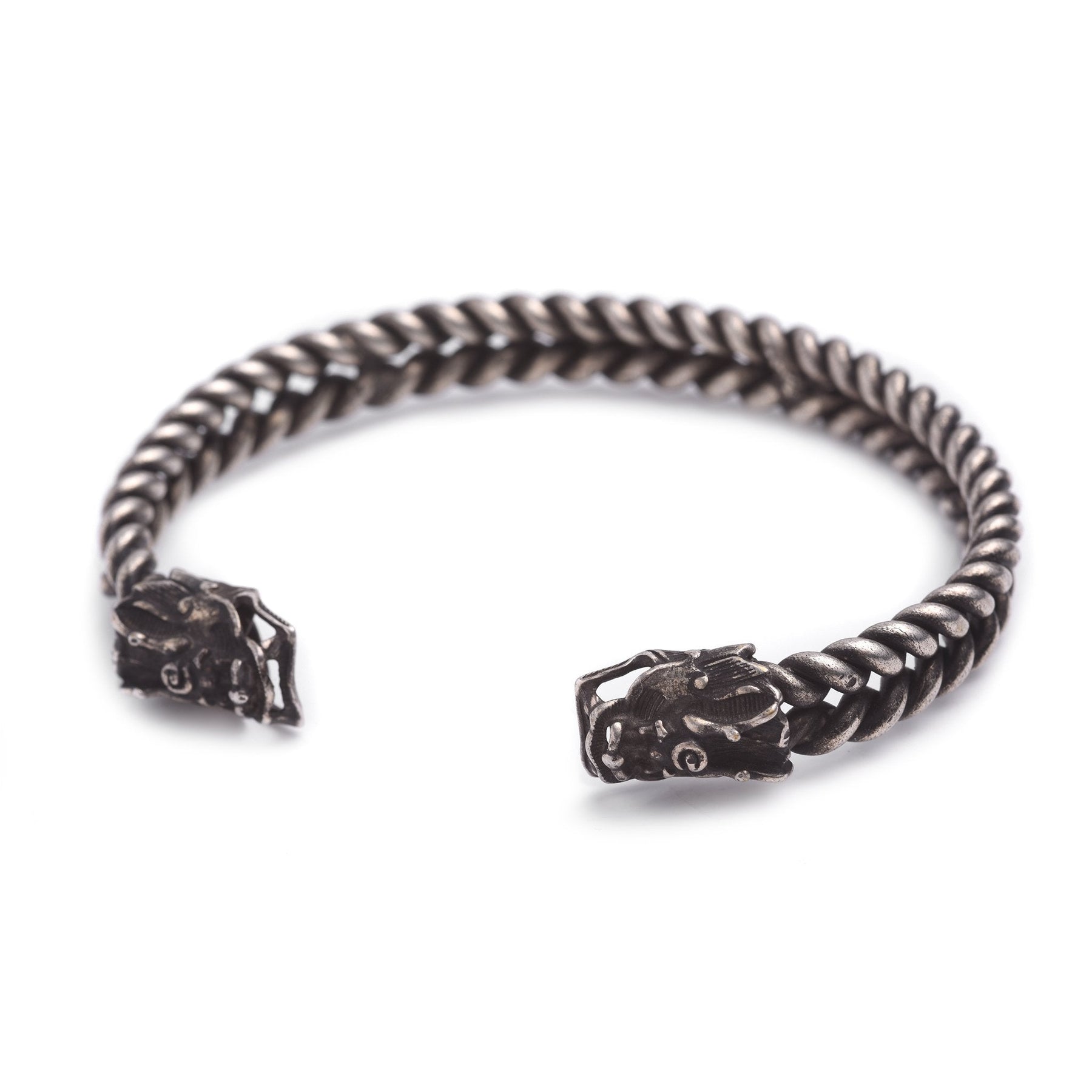 White Metal Miao Tribal Bangle - Dragon Design