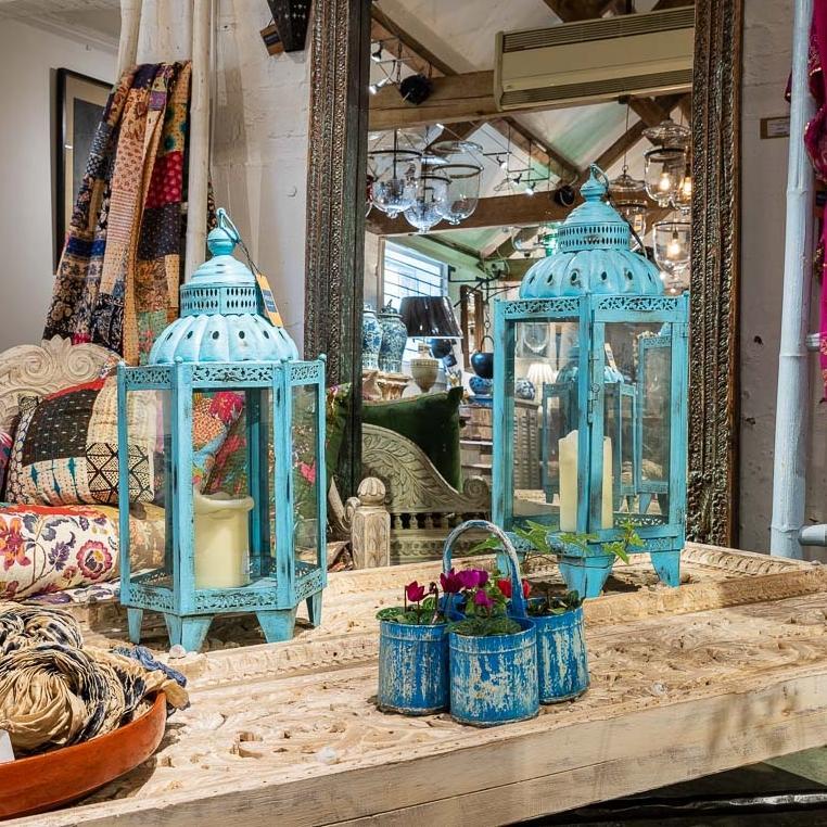 Storm Lantern With Blue Distressed Paint From Rajasthan