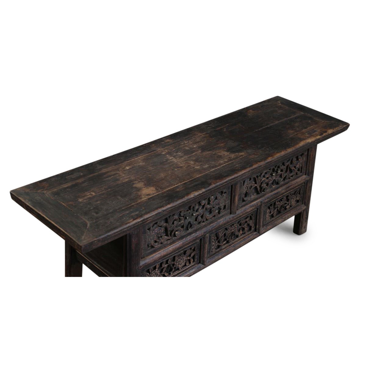 5 Drawer Carved Low "Kang" Cabinet From Shanxi - 19thC