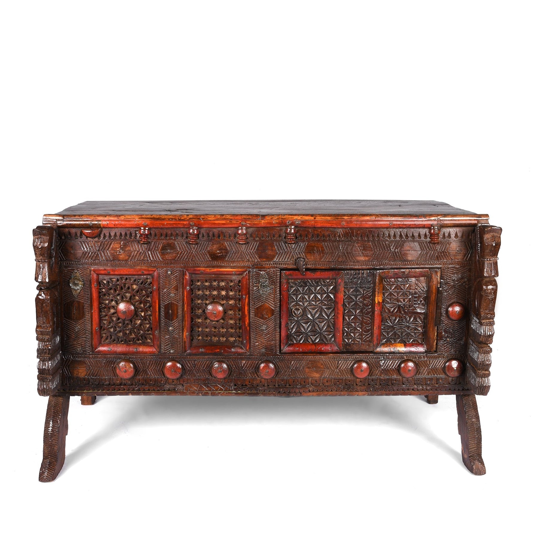 Carved Lacquered Teak Dowry Chest  - Majus From Kutch