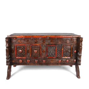 Carved Lacquered Teak Dowry Chest  - Majus From Kutch