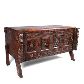 Carved Lacquered Teak Dowry Chest  - Majus From Kutch