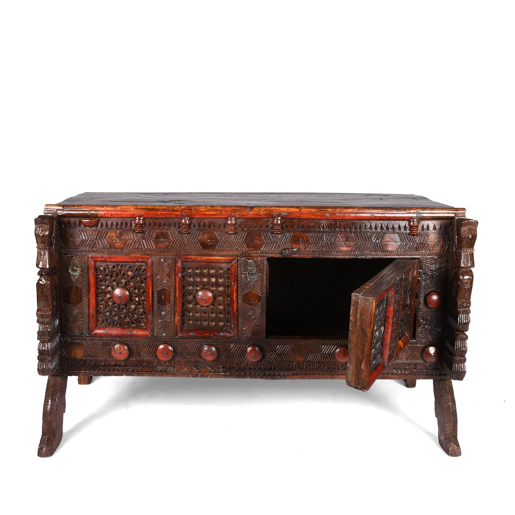 Carved Lacquered Teak Dowry Chest  - Majus From Kutch
