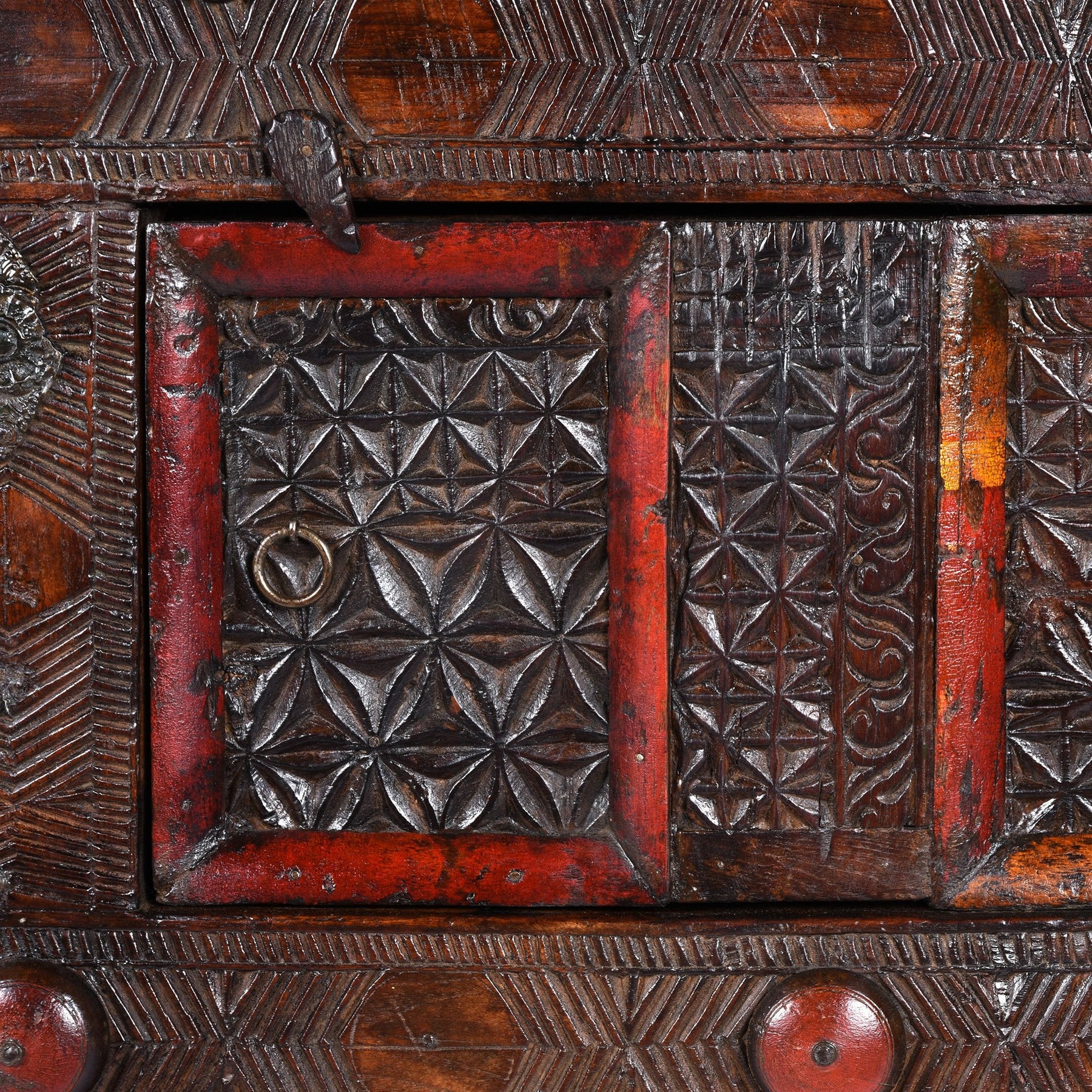 Carved Lacquered Teak Dowry Chest  - Majus From Kutch