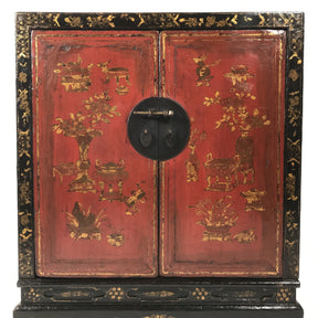 Red & Black Lacquer Painted Book Cabinet from China - 19thC