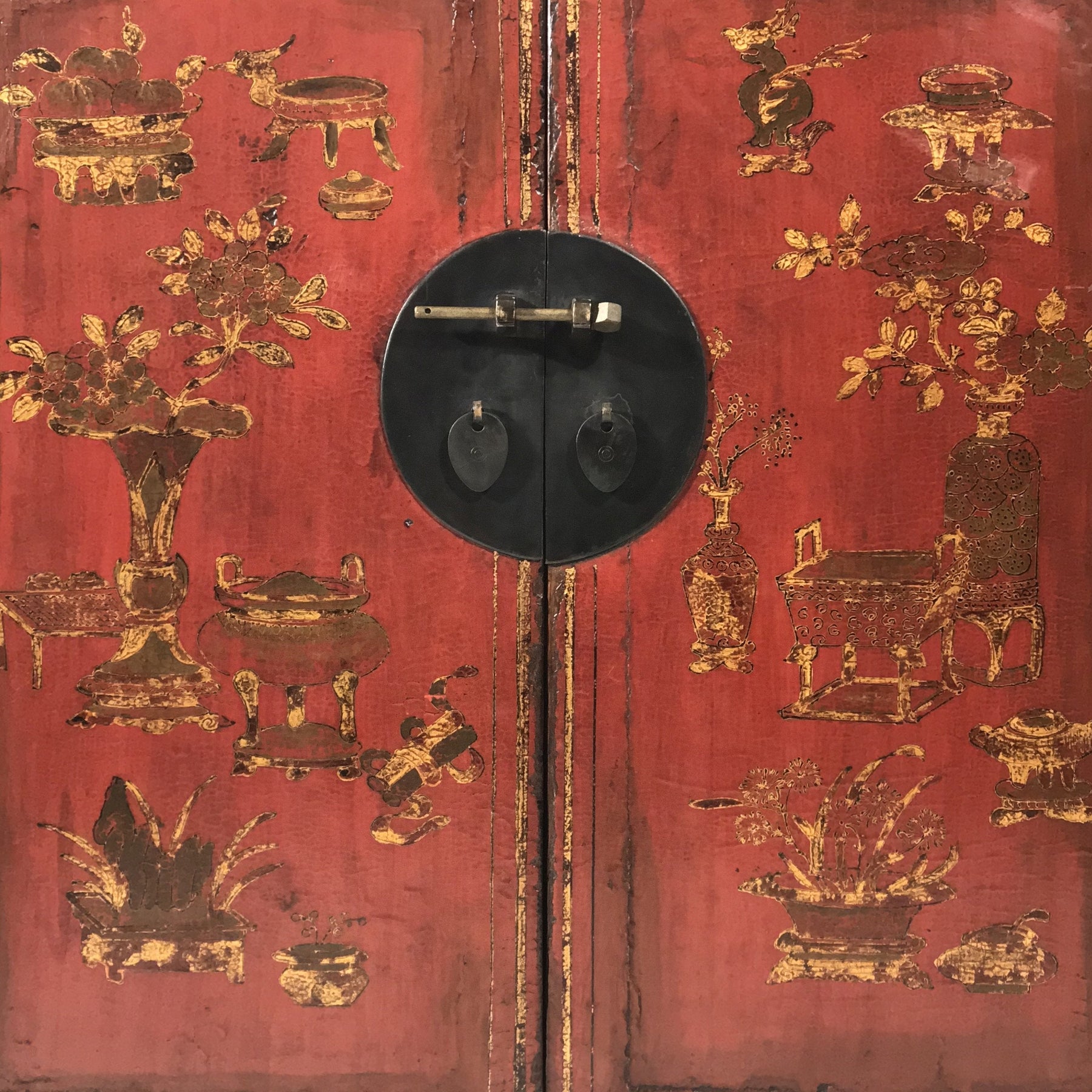 Red & Black Lacquer Painted Book Cabinet from China - 19thC