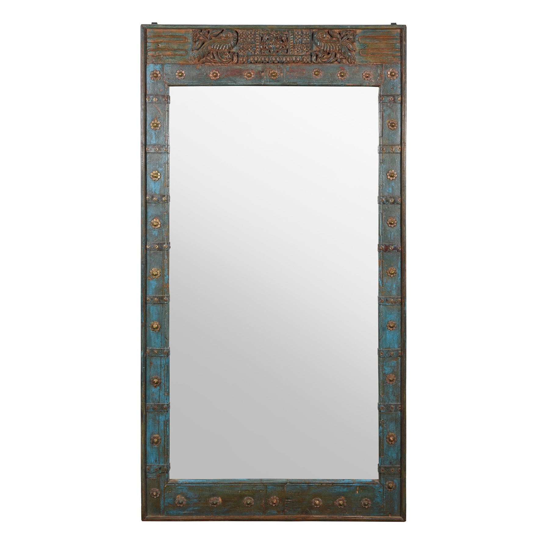 Blue Carved Mirror Made From Old Teak Door - Ca 1920