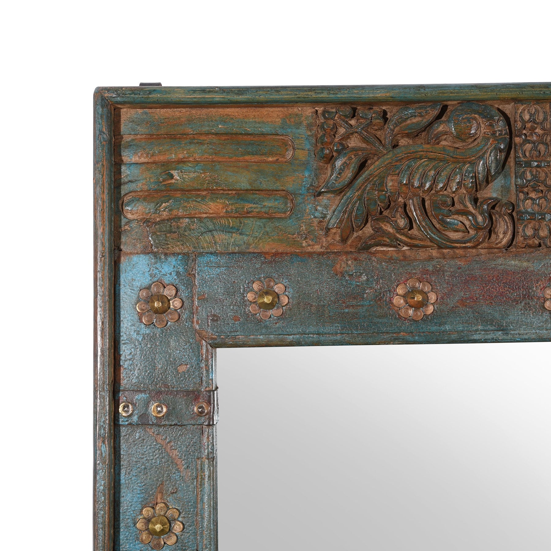 Blue Carved Mirror Made From Old Teak Door - Ca 1920