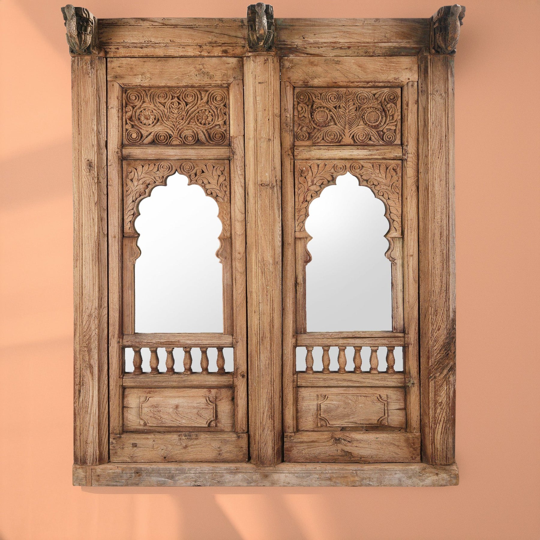 Carved Double Mirror Made From An Old Teak Window - 19th Century