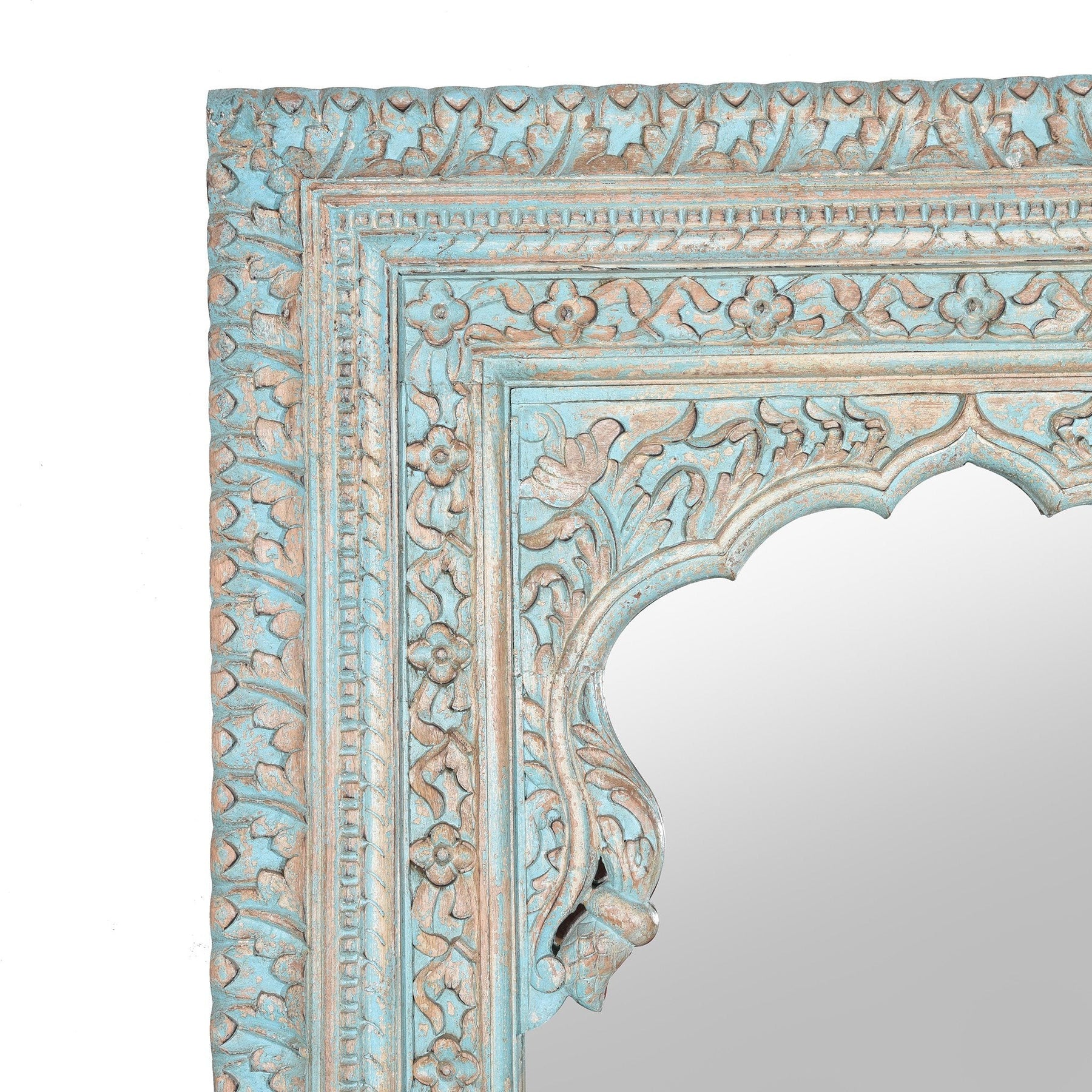 Carved Large Mihrab Mirror Frame - Blue Limed Finish