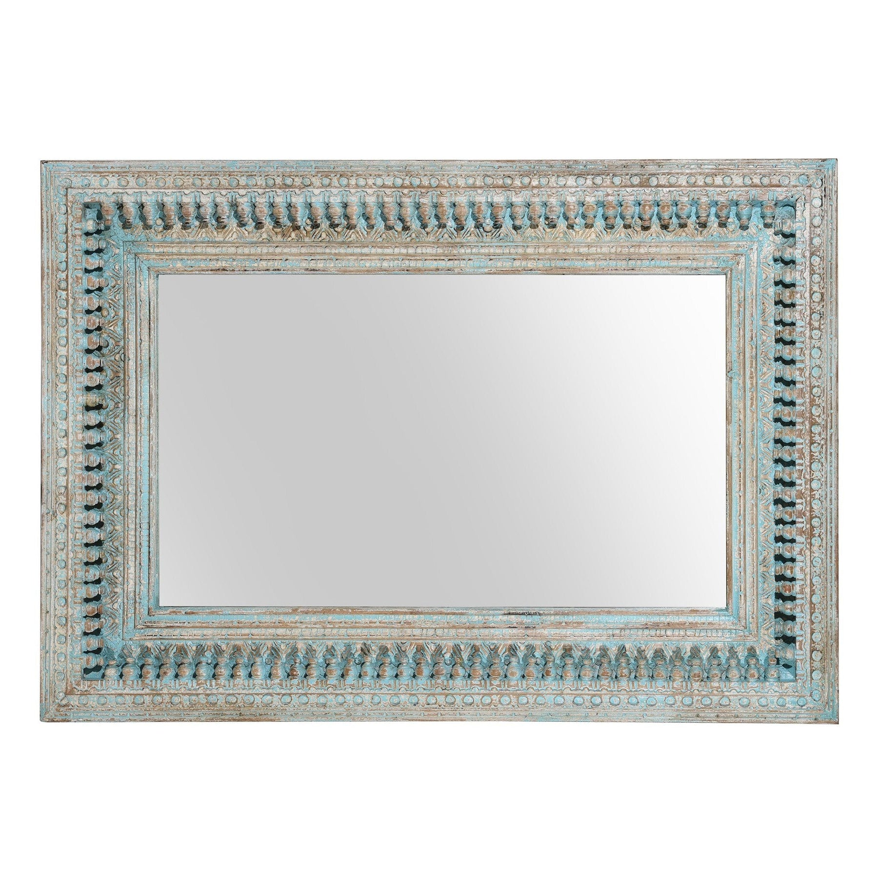 Carved Mango Wood Painted Mirror - Antique Blue
