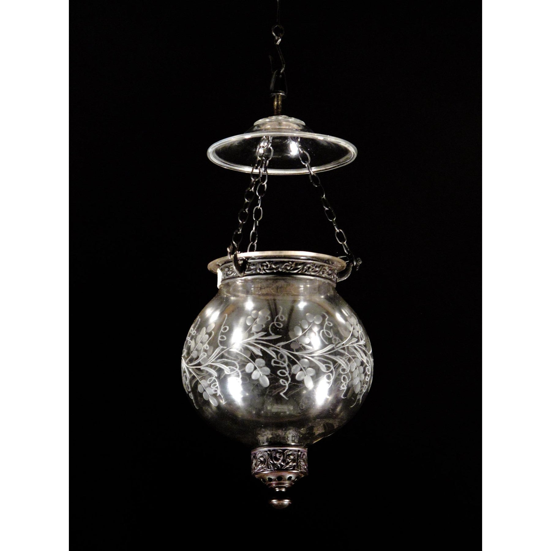 Engraved Glass Globe Hundi Lamp With Fitting - Late 19thC