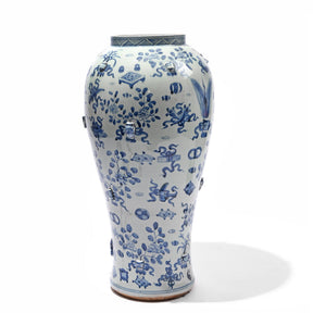 Blue & White Porcelain Tall Temple Jar & Cover