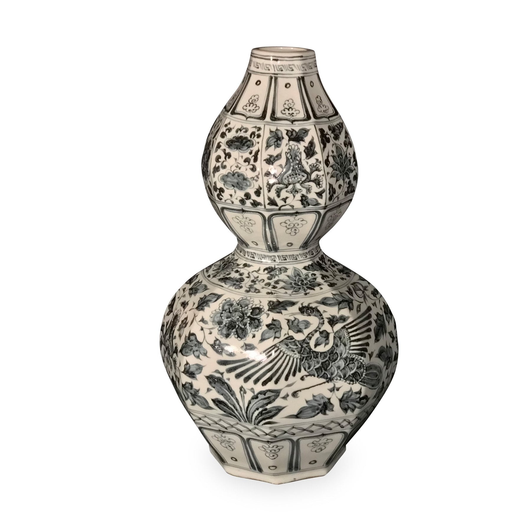 Blue & White Porcelain Double Gourd Vase - Phoenix Design