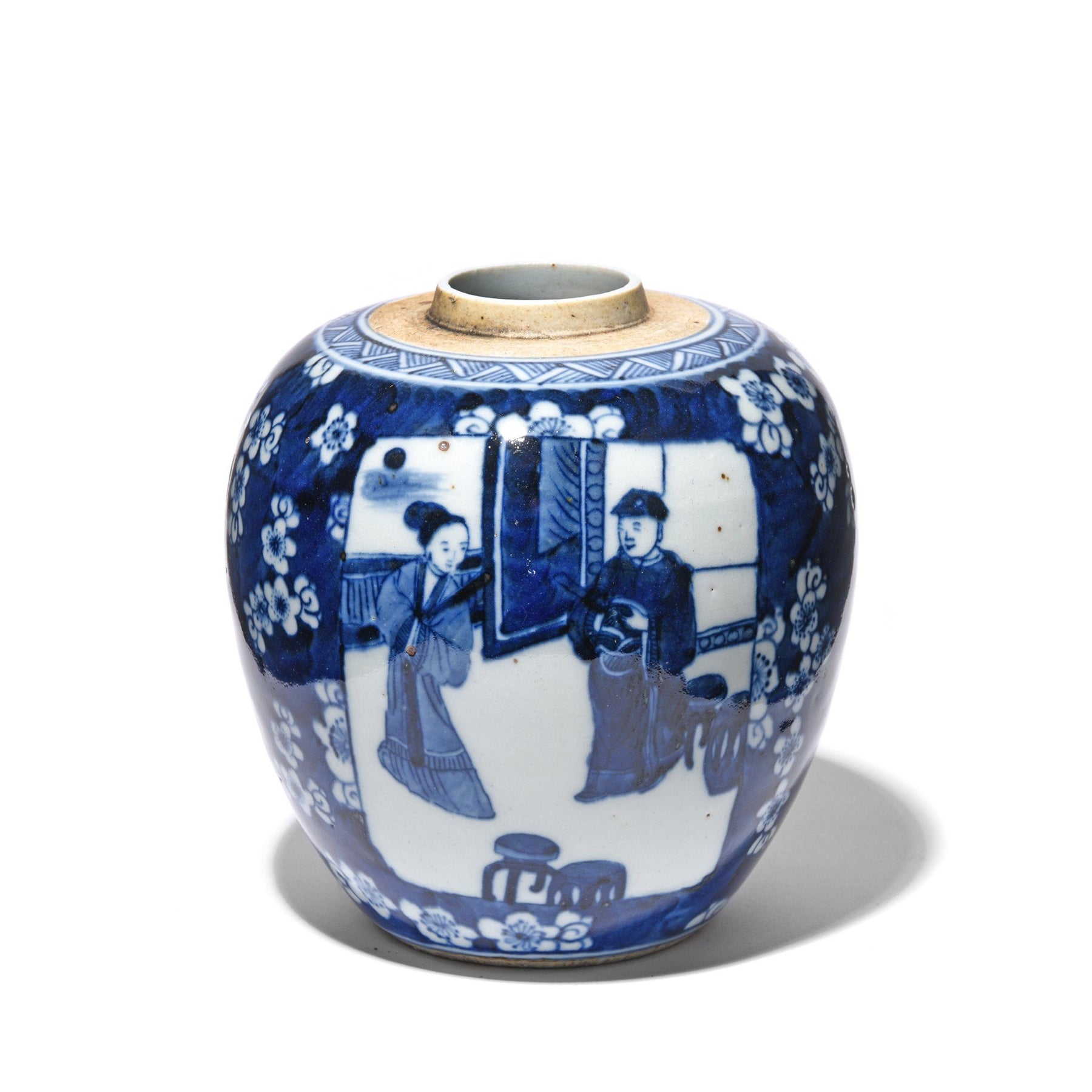 Blue & White Porcelain Ginger Jar - Couple in Cherry Blossom