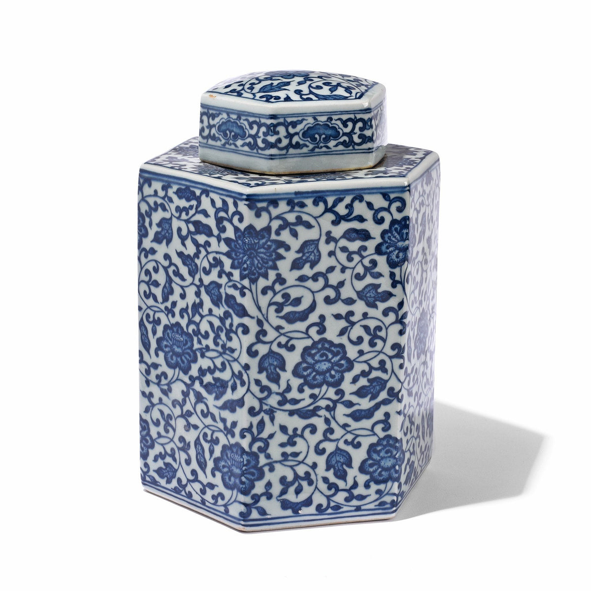 Blue & White Porcelain Hexagonal Tea Caddy - Peony Design
