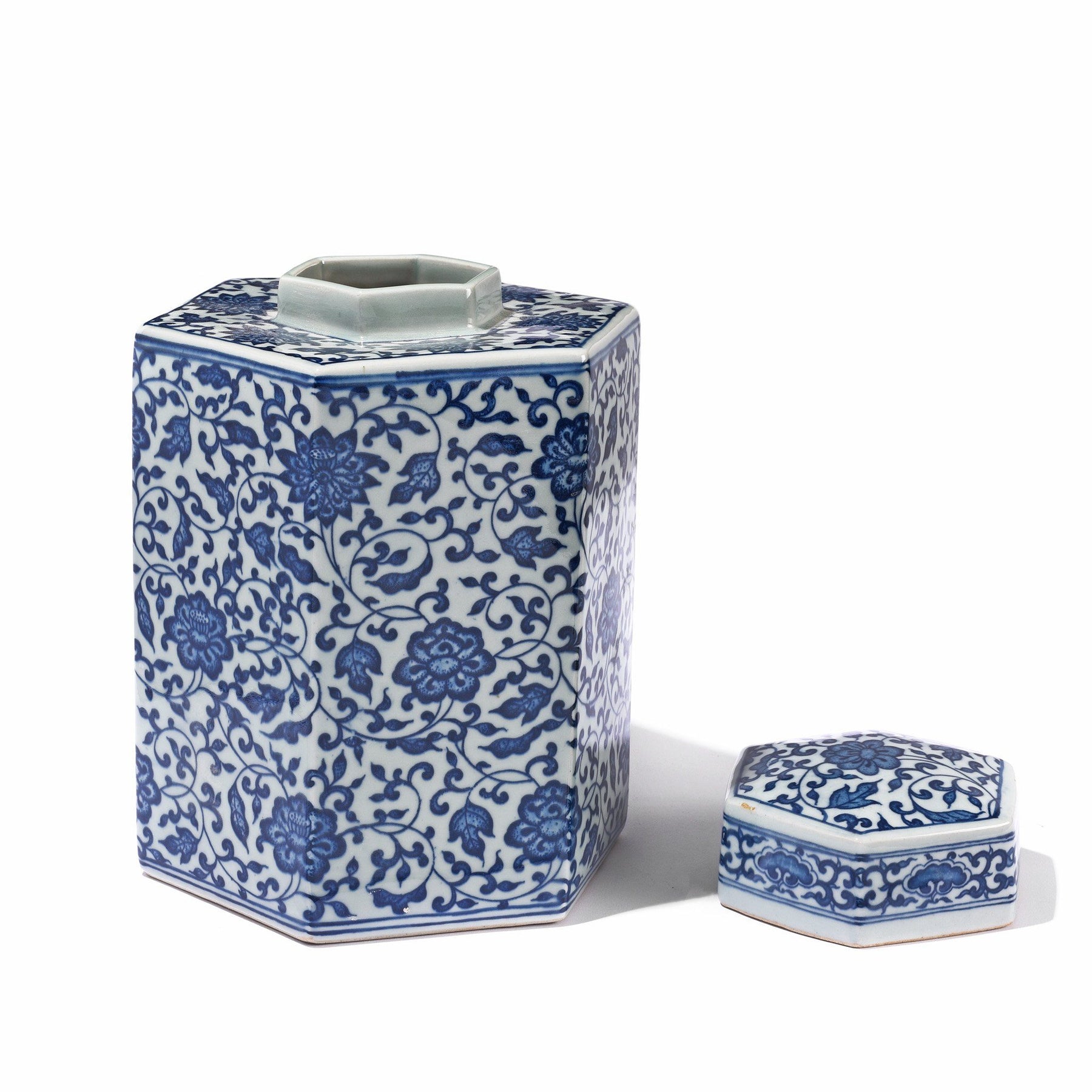 Blue & White Porcelain Hexagonal Tea Caddy - Peony Design
