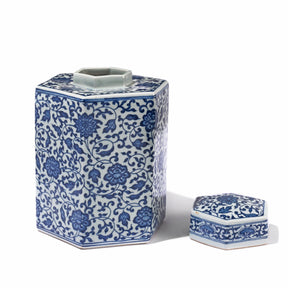 Blue & White Porcelain Hexagonal Tea Caddy - Peony Design