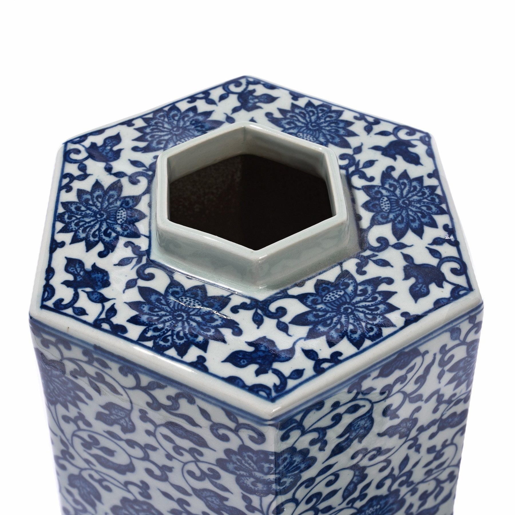 Blue & White Porcelain Hexagonal Tea Caddy - Peony Design