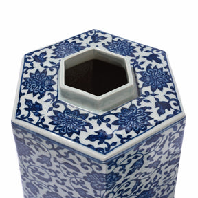 Blue & White Porcelain Hexagonal Tea Caddy - Peony Design