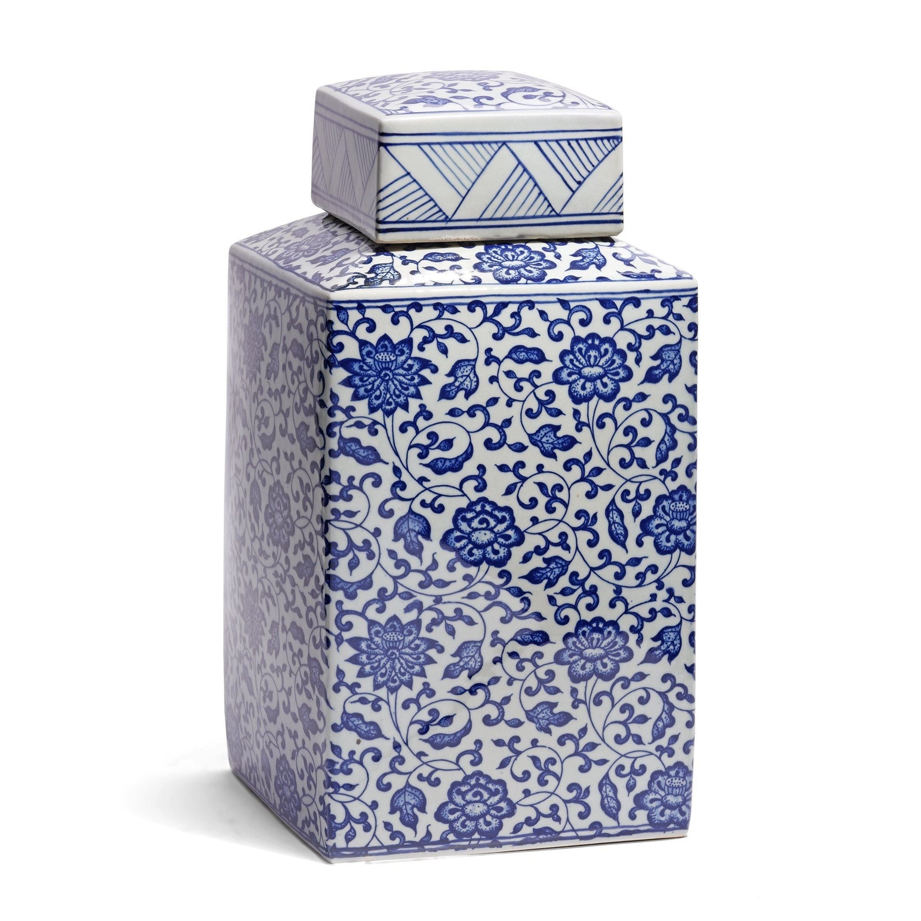 Blue & White Porcelain Square Tea Caddy - Peony Design
